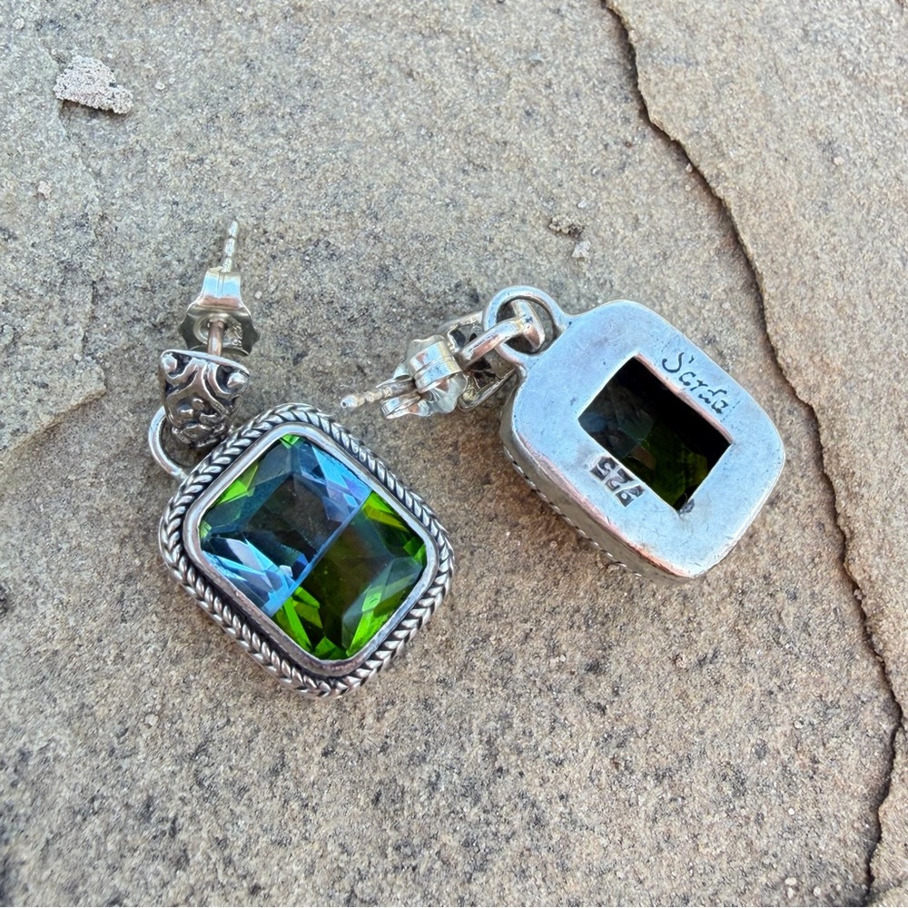 Sarda 925 Earrings Silver Bi-Color Blue Green Statement Earrings - Picture 3 of 6